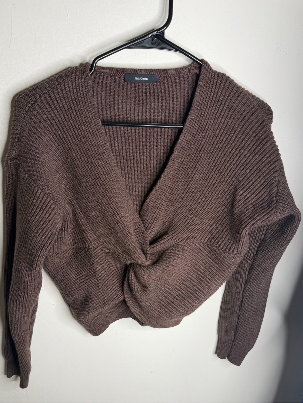 Pink Queen Brown V-Neck Twist-Front Sweater